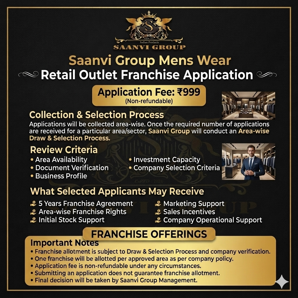 Saanvi Group Mens Wear Retail Outlet Franchise Application